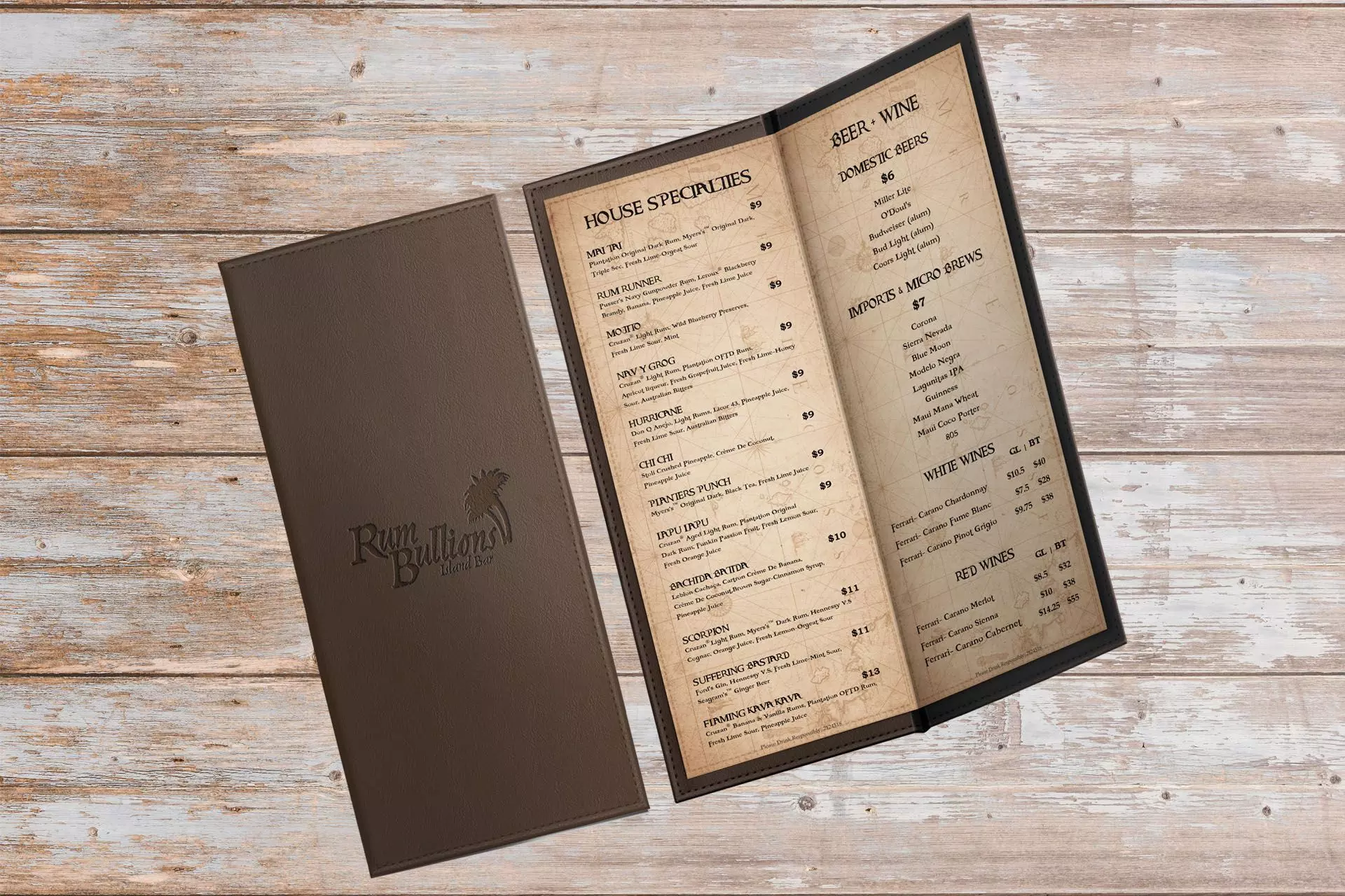 Rum Bullions Island Bar menu mockup